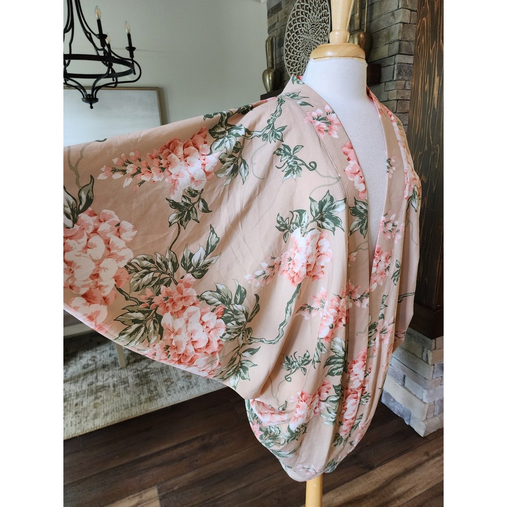 Umgee Floral Kimono Cardigan Small Tan Coral Boho Draped Open Front